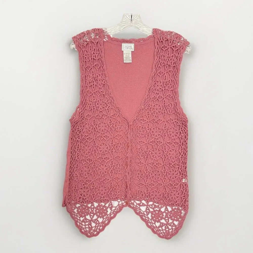 Vintage Casual Corner 90s Y2K Silk Cotton Pink Crochet Vest Sz M CottageCore